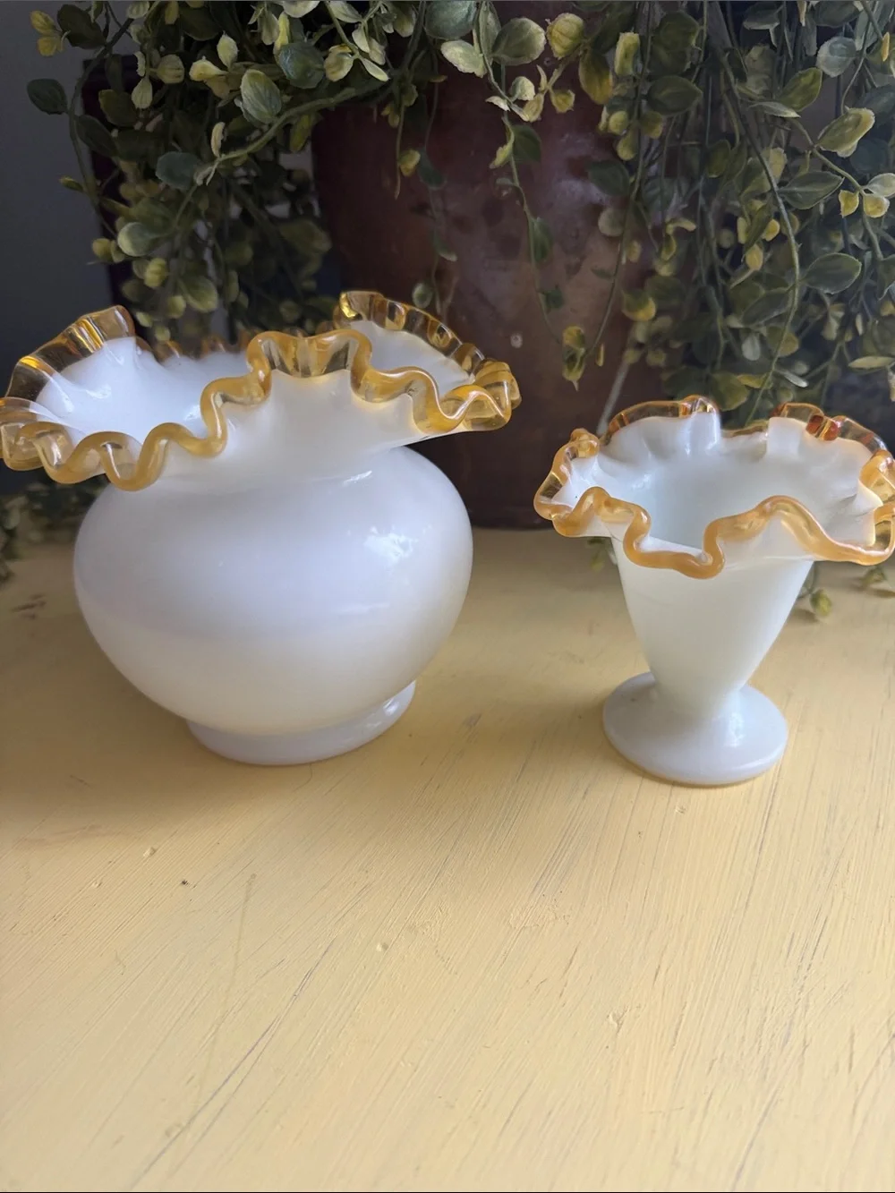 Fenton Milk Glass Ruffled Edge Vase and vase bowl 1940